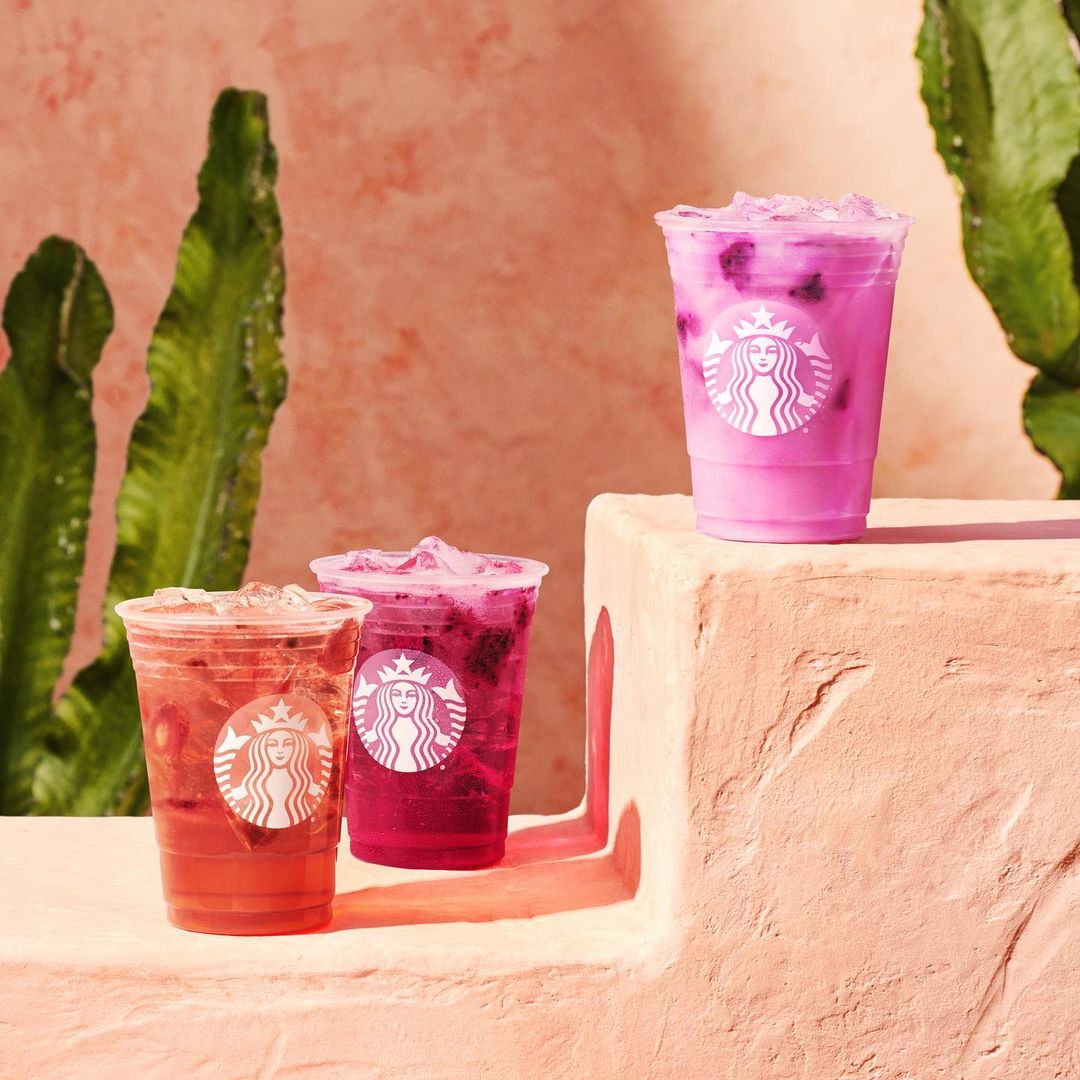 cups of various starbucks refreshers on stone stairs plants in background
