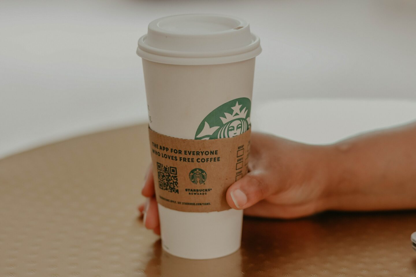 hand reaching for green and white starbucks cup on table