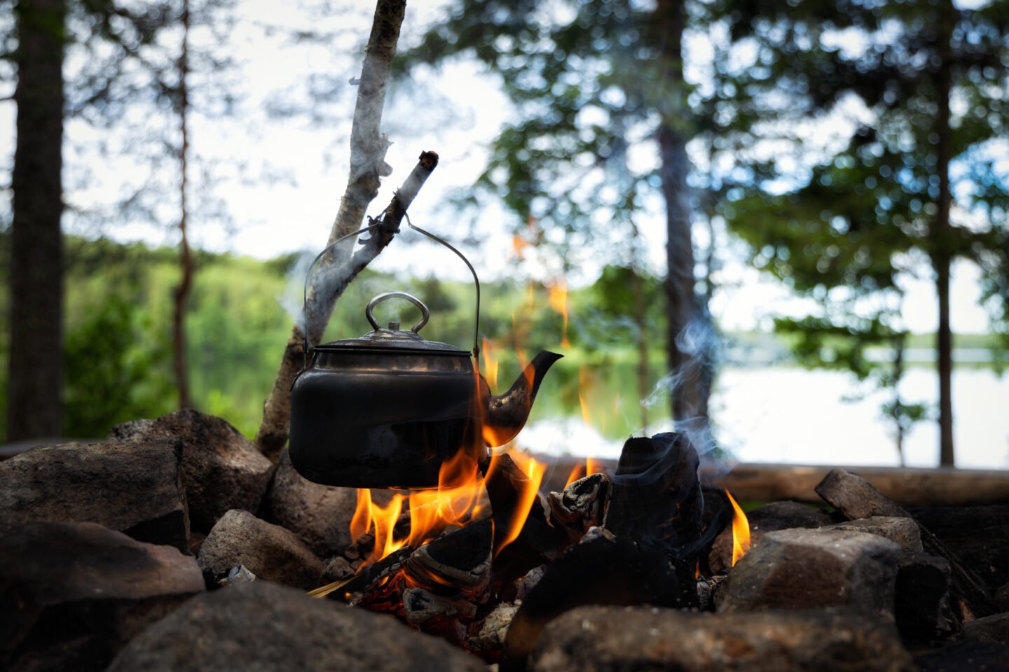 Teapot,Over,The,Fire.,Old,Vintage,Kettle.,Beautiful,Campfire,In