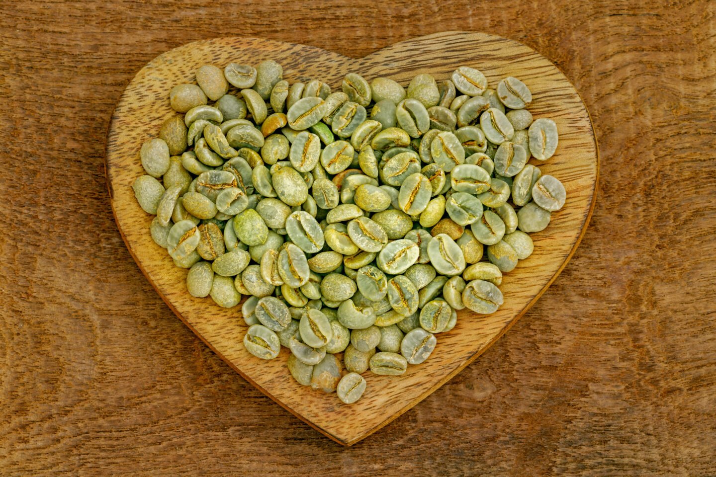 Raw,Green,Unroasted,Coffee,Beans,In,Wooden,Plate,On,Wooden