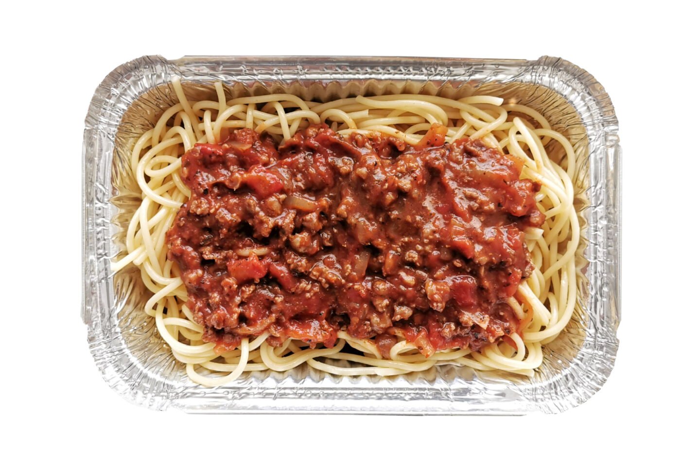 spaghetti with bolognese sauce in aluminum container