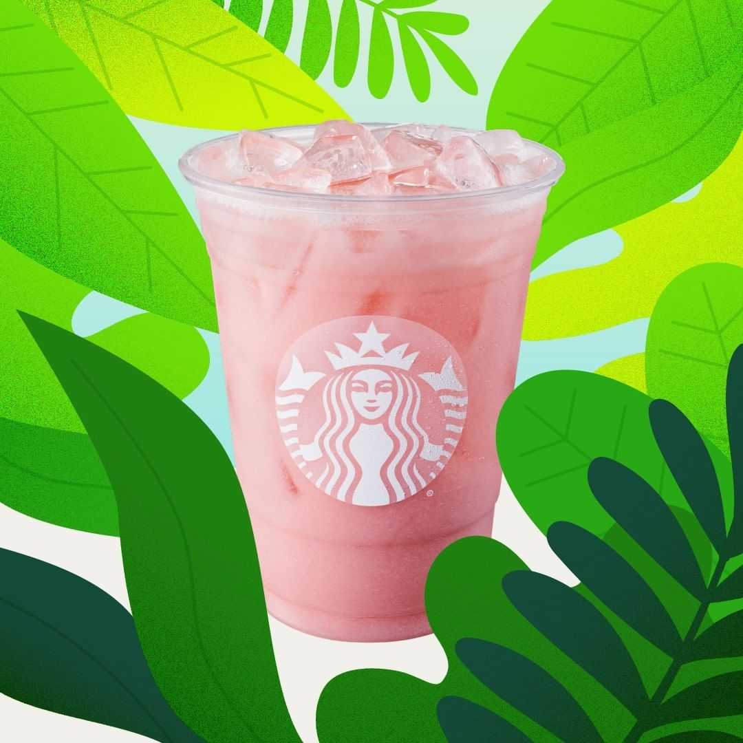 starbucks iced guava passionfruit drink in disposable cup surrounded by illustrated leaves