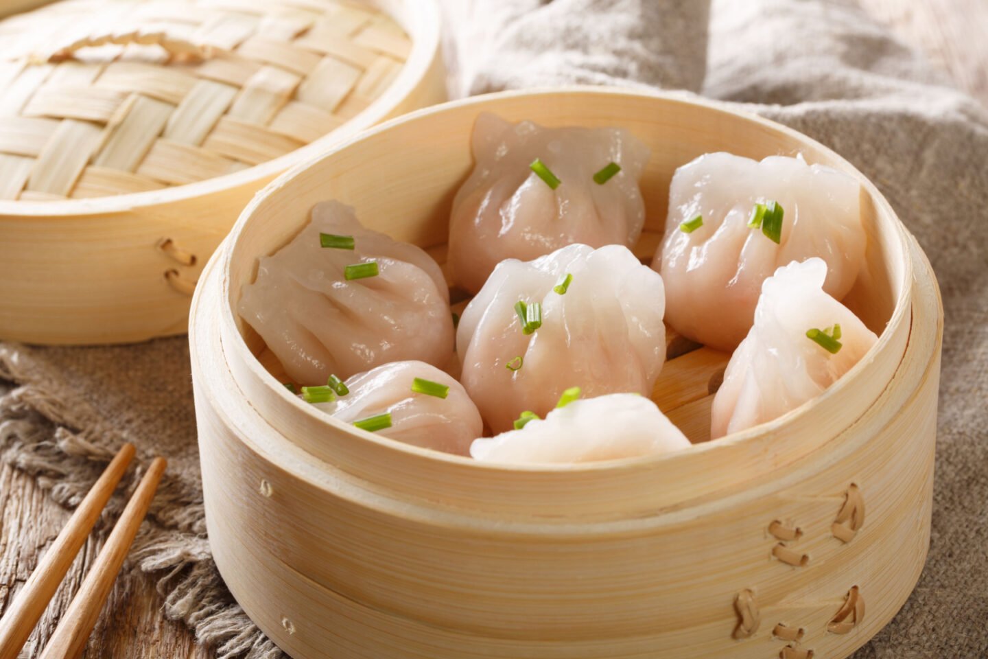 steamed dumplings dim sum in bamboo steamer