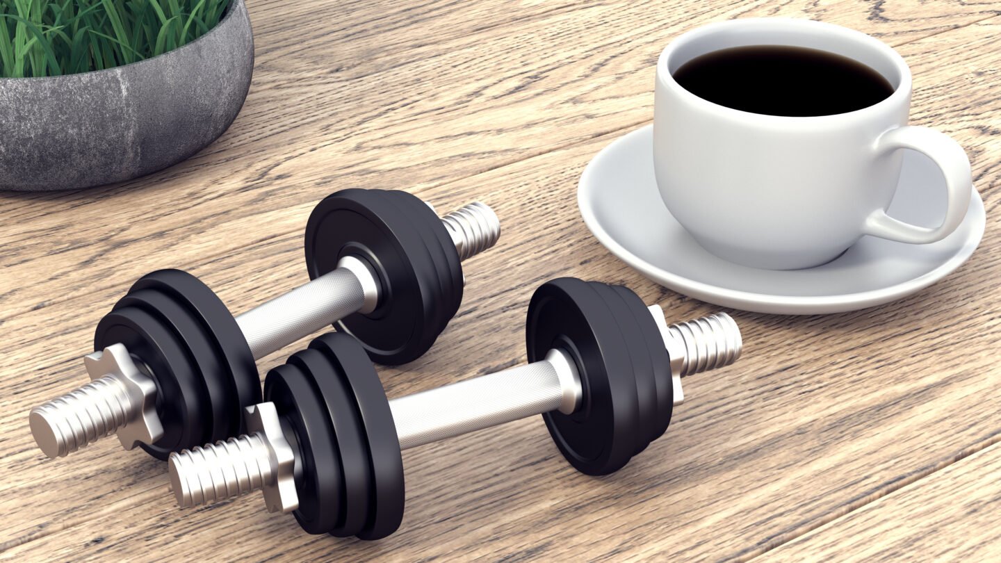 Two,Dumbbells,And,A,Cup,Of,Coffee.,3d,Rendering.