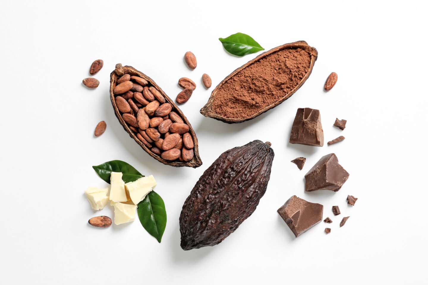 Composition,With,Cocoa,Products,On,White,Background,,Top,View
