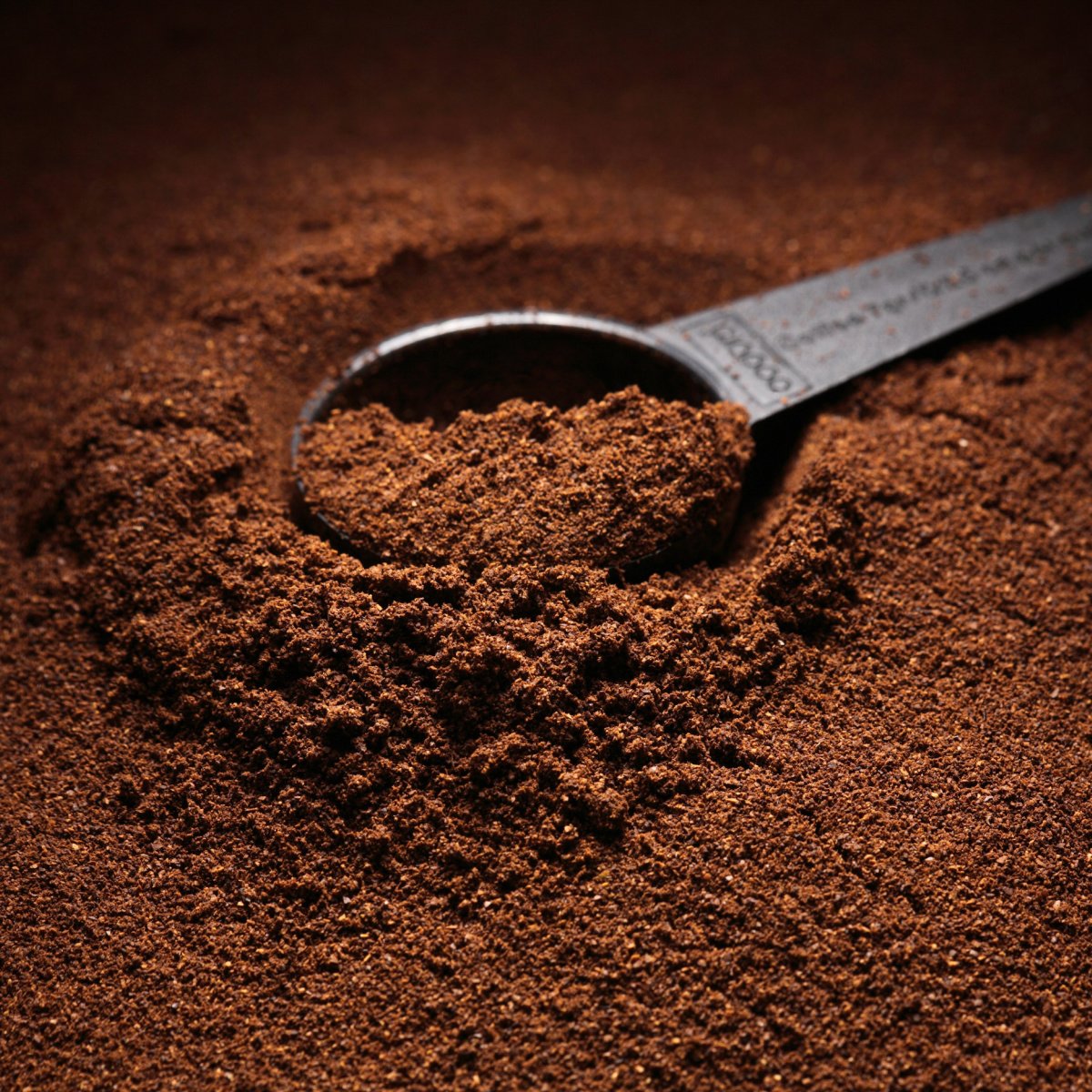 black scoop buried in pile of coffee grounds dark background