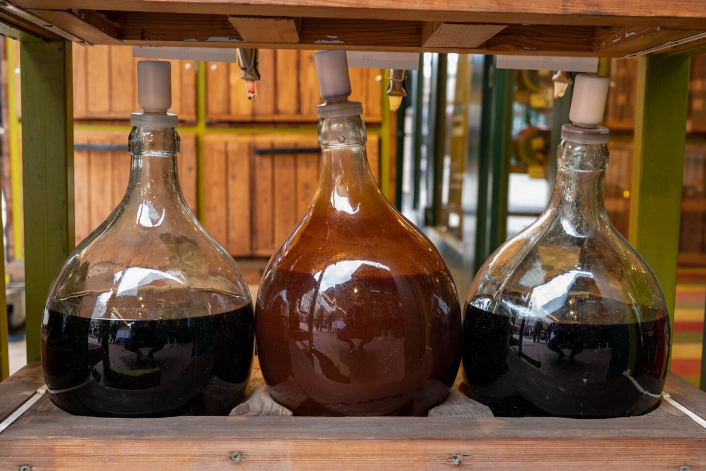 bottles of wine vinegar in storage