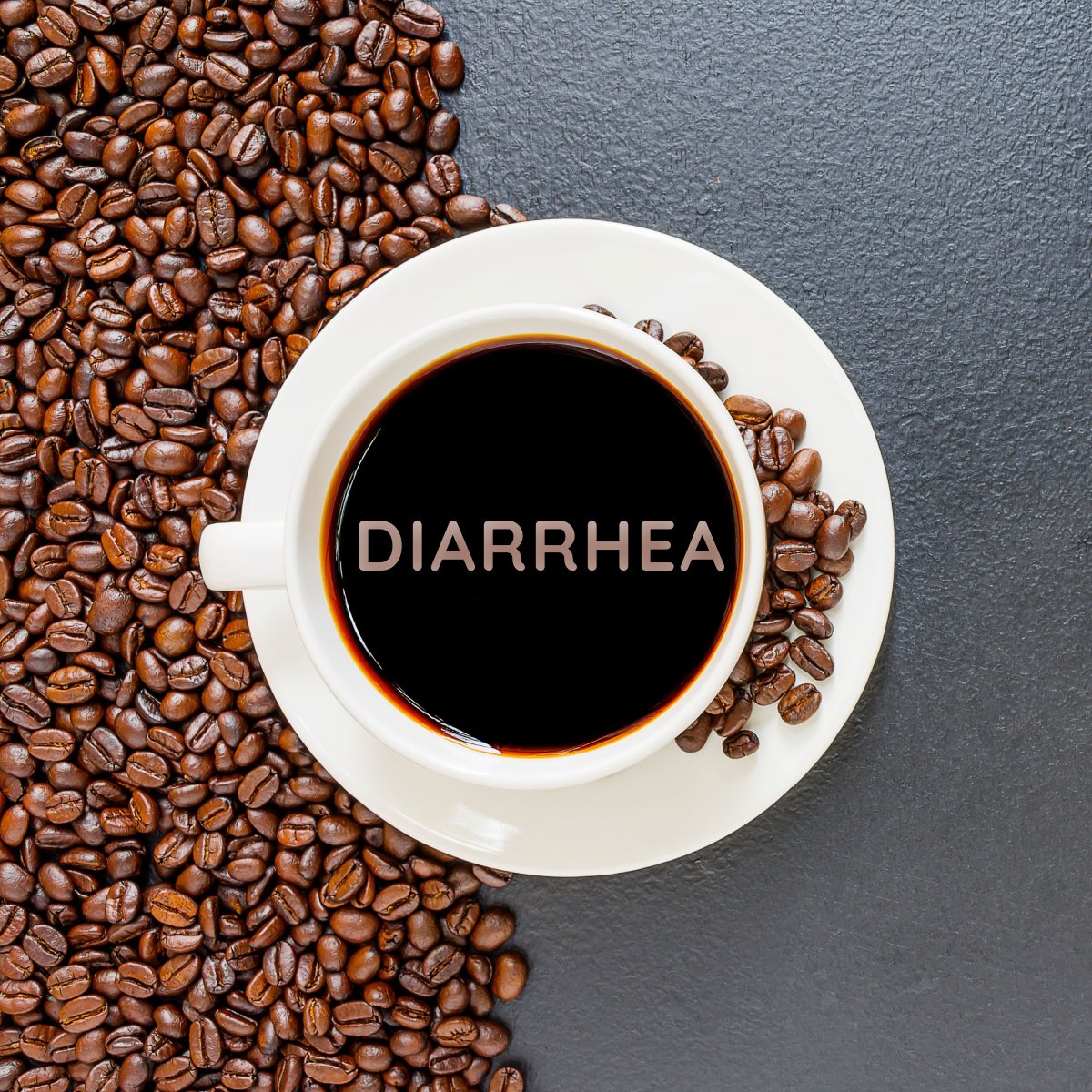 cup of black coffee in white mug and saucer coffee beans scattered on left