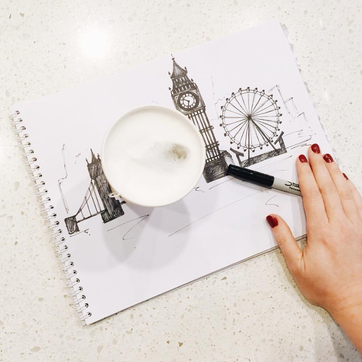 cup of hot starbucks teavana london fog latte on paper sketch