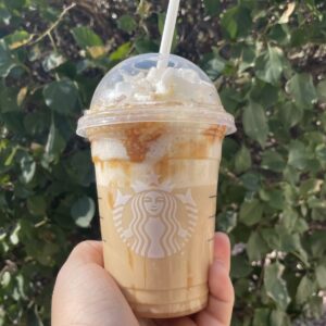 cup of starbucks funnel cake frappuccino balanced on hand leaves in background