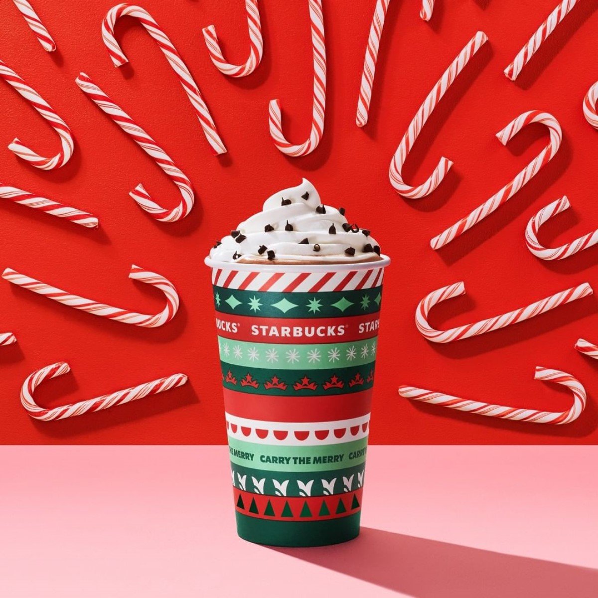 cup of starbucks peppermint mocha on pink surface with peppermint candy canes on red background