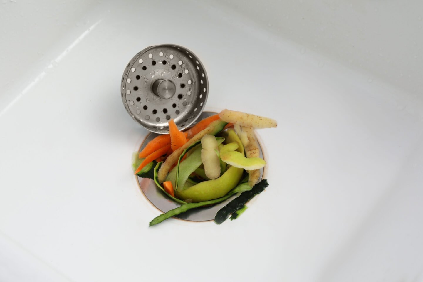 fruits and veggie waste inside garbage disposal