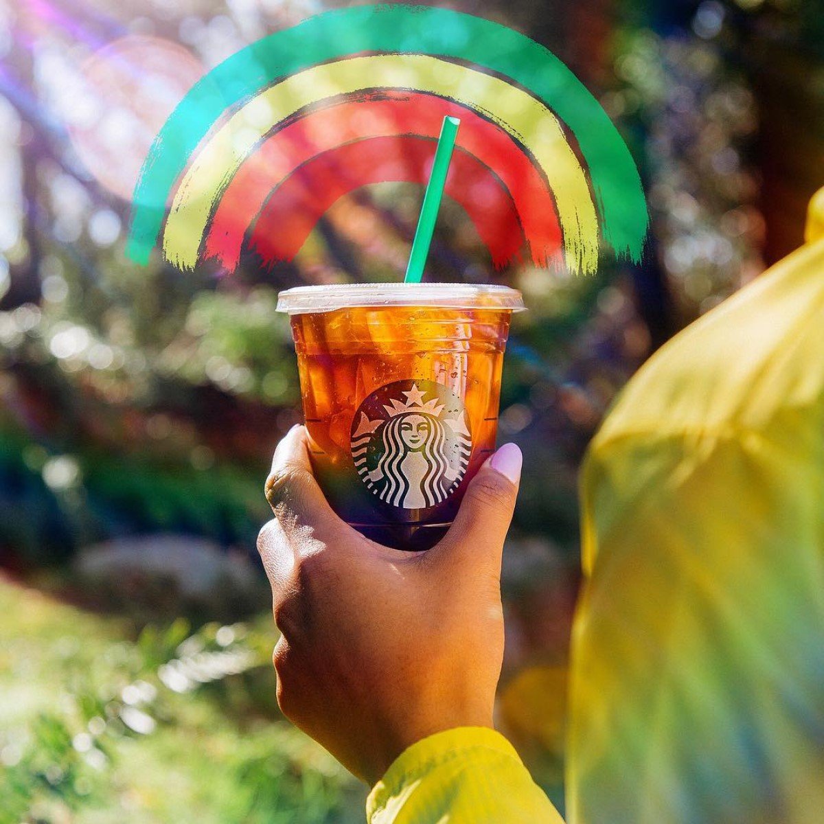 hand holding cup of starbucks iced americano in transparent disposable cup