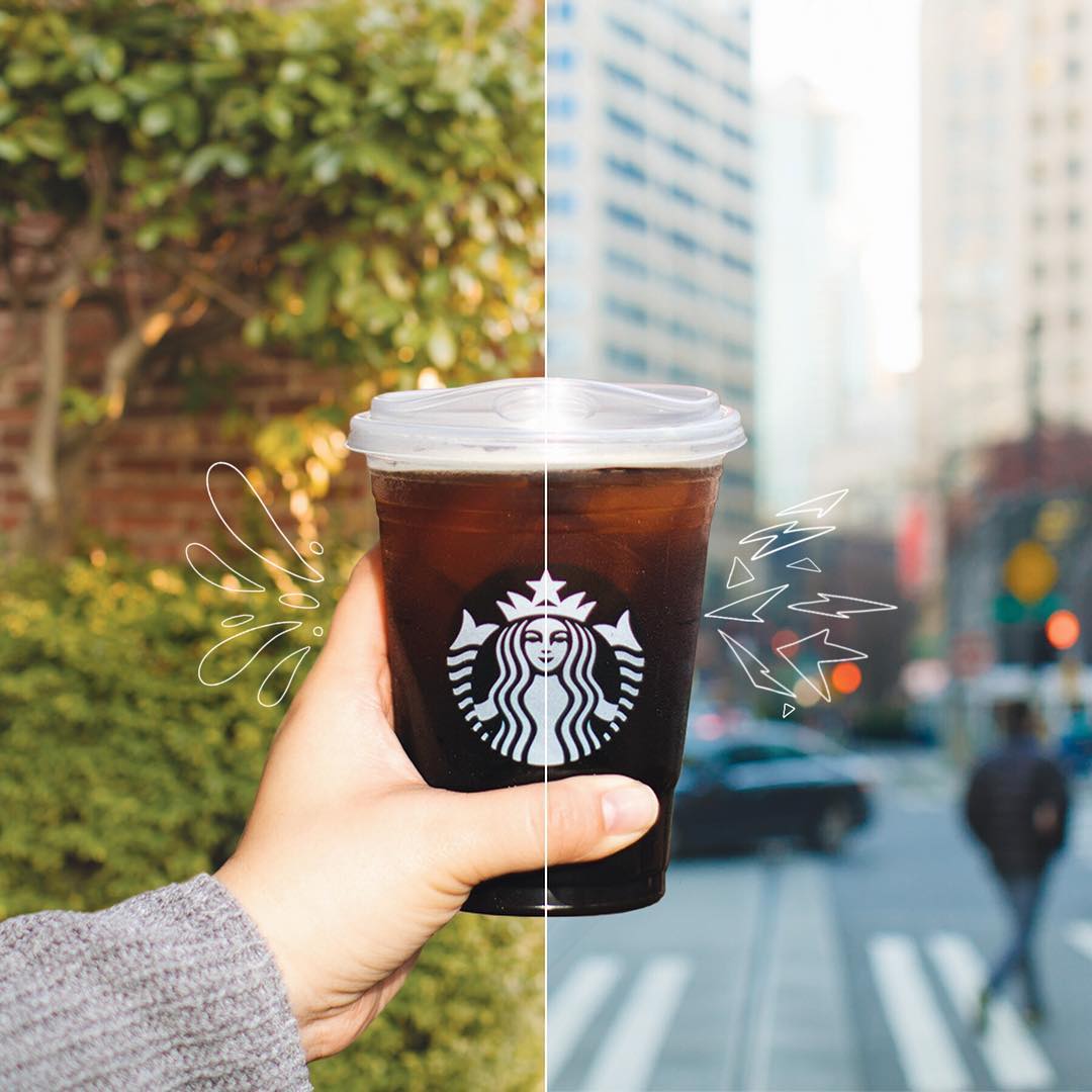 hand holding up cup of starbucks iced americano two variations