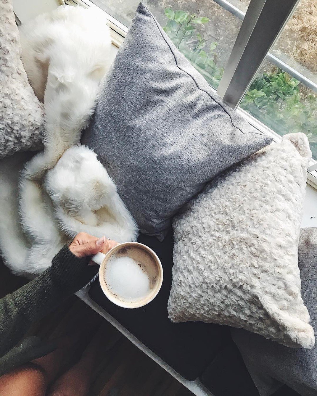 hand wearing sweater holding cup of starbucks hot mocha on windowsill near pillows and fur blanket