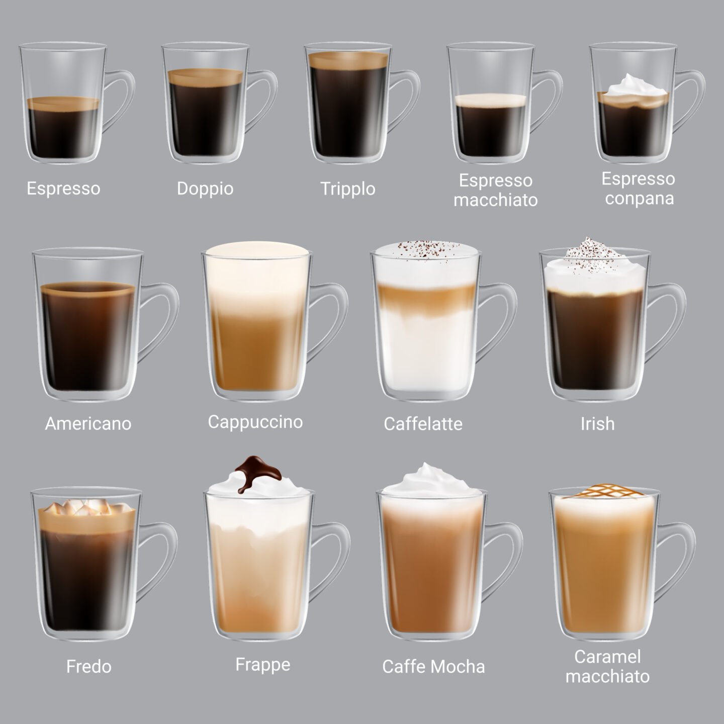 Coffee,Types,Set,,Vector,Isolated,Illustration.,Espresso,Types,,Doppio,,Trippio,