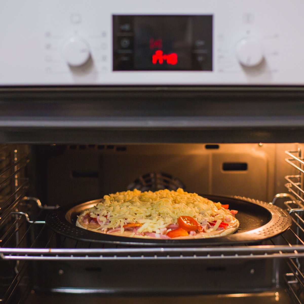 pizza inside a convection oven