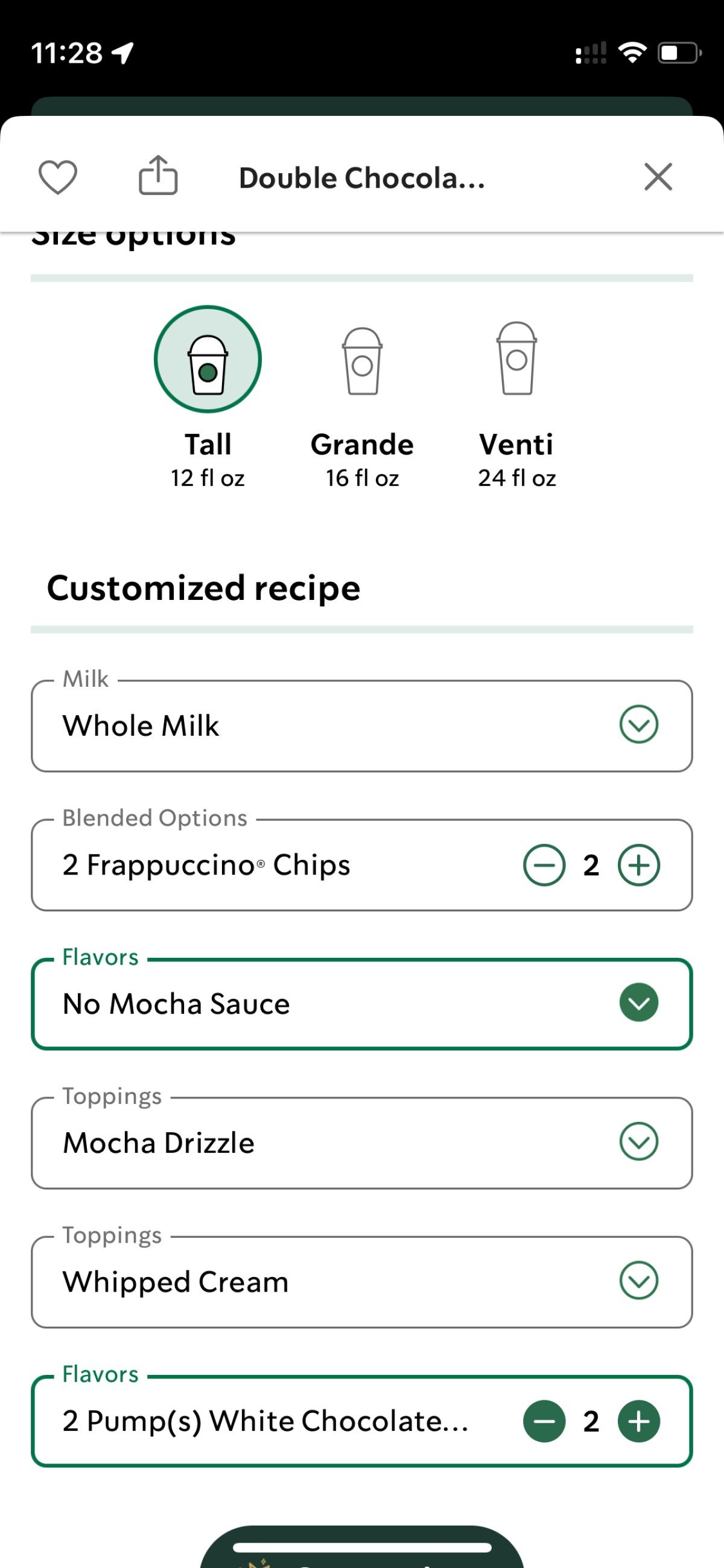 screenshot of how to order oreo frappuccino on starbucks app