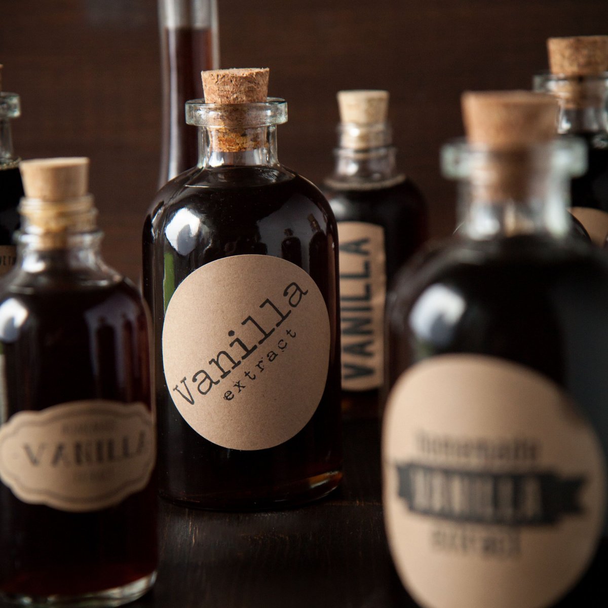 vanilla extract in glass bottles