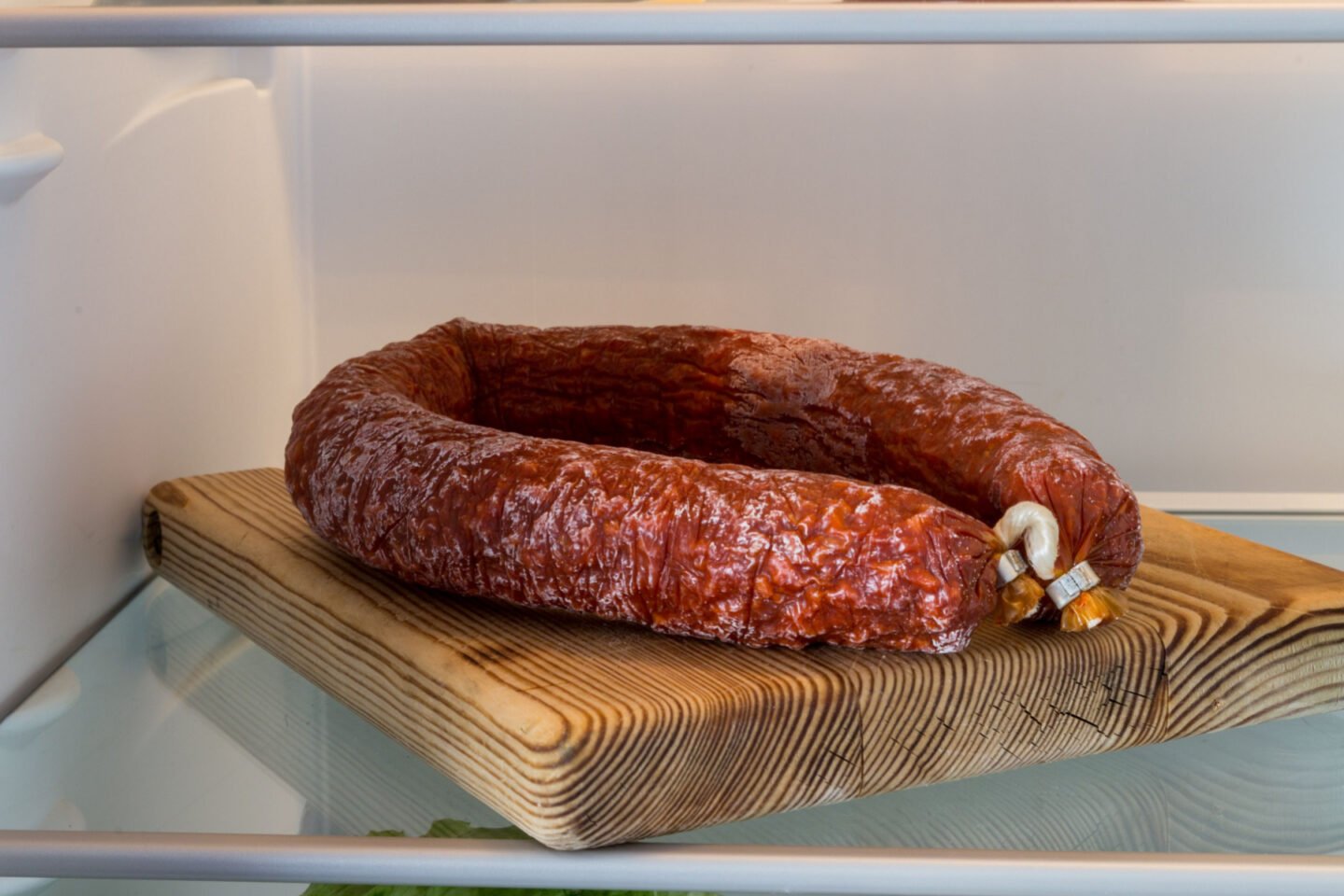 Spanish chorizo sausage in the fridge