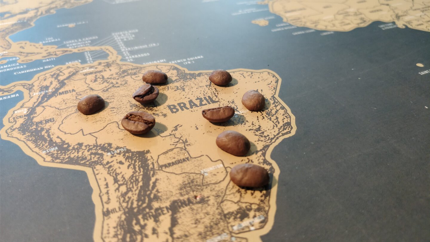 Brazil,Map,,On,Top,Of,Coffee,Beans.