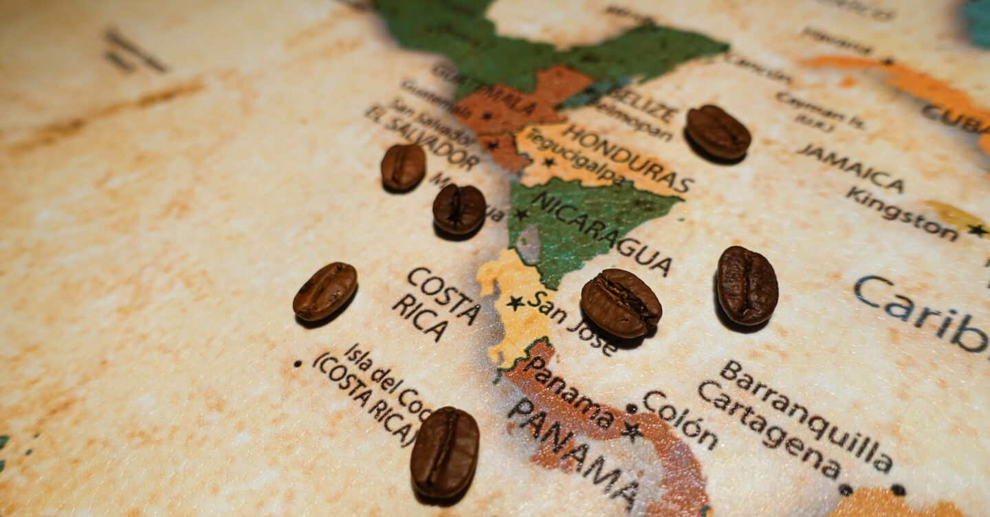 Roasted,Coffee,Beans,On,A,Map,Of,Central,America.