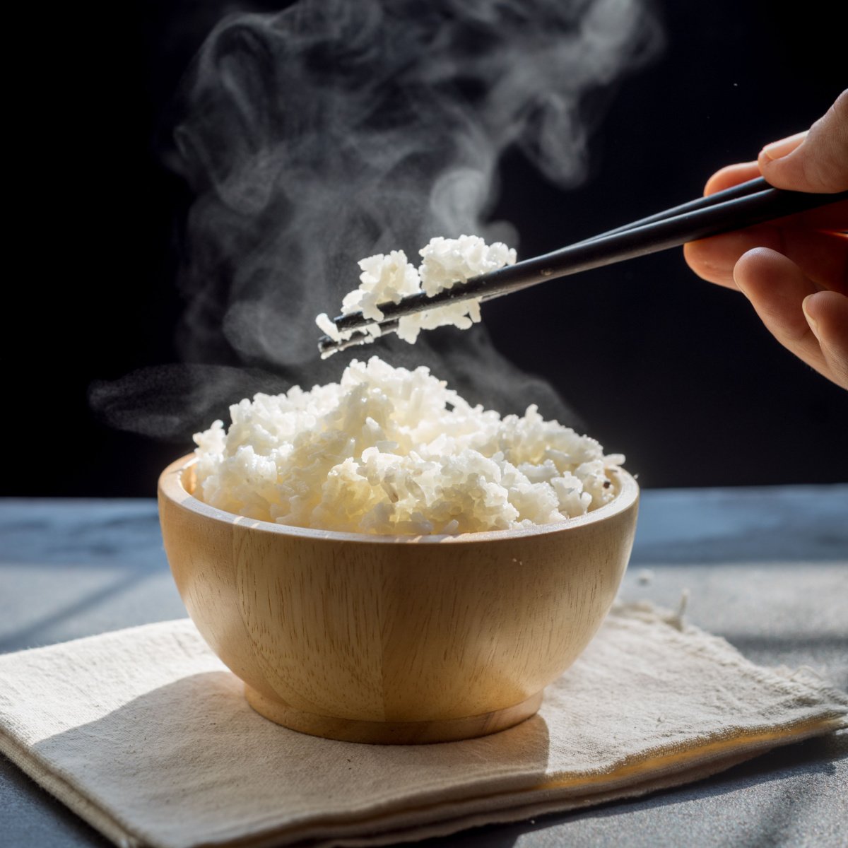 eating cooked jasmine rice using black chopsticks