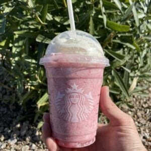 hand holding starbucks strawberry cheesecake frappuccino with leaves in background
