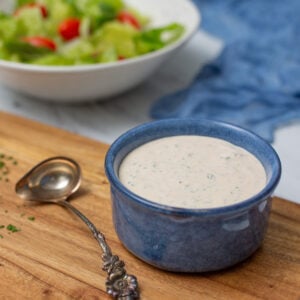 homemade ranch dressing in blue bowl