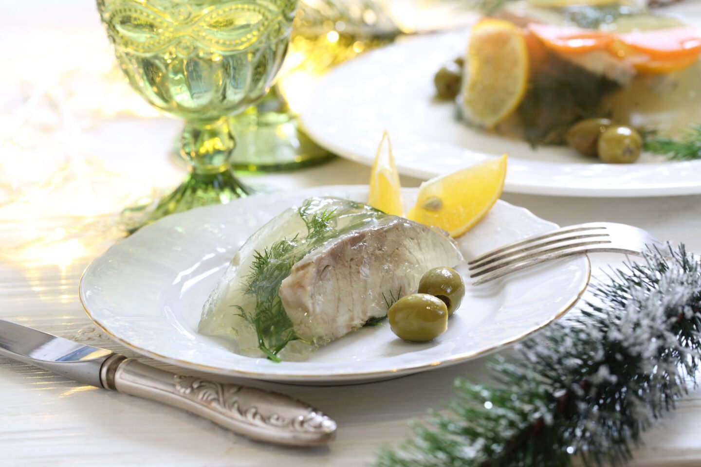 jellied sturgeon with lemons olives and white wine