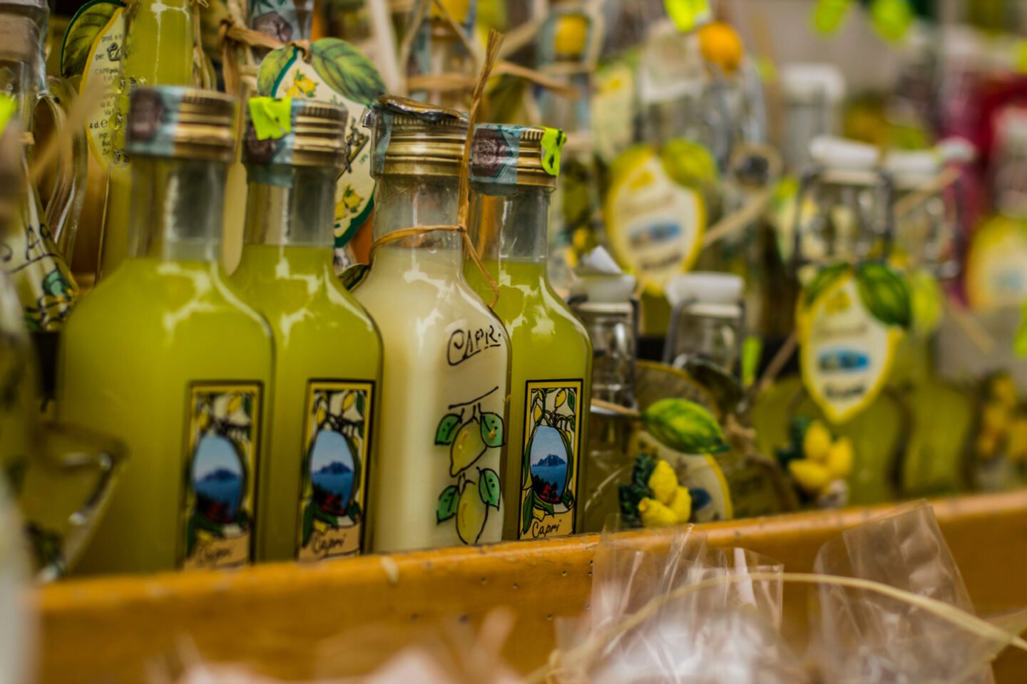 limoncello or lemon liquor sold in Italy