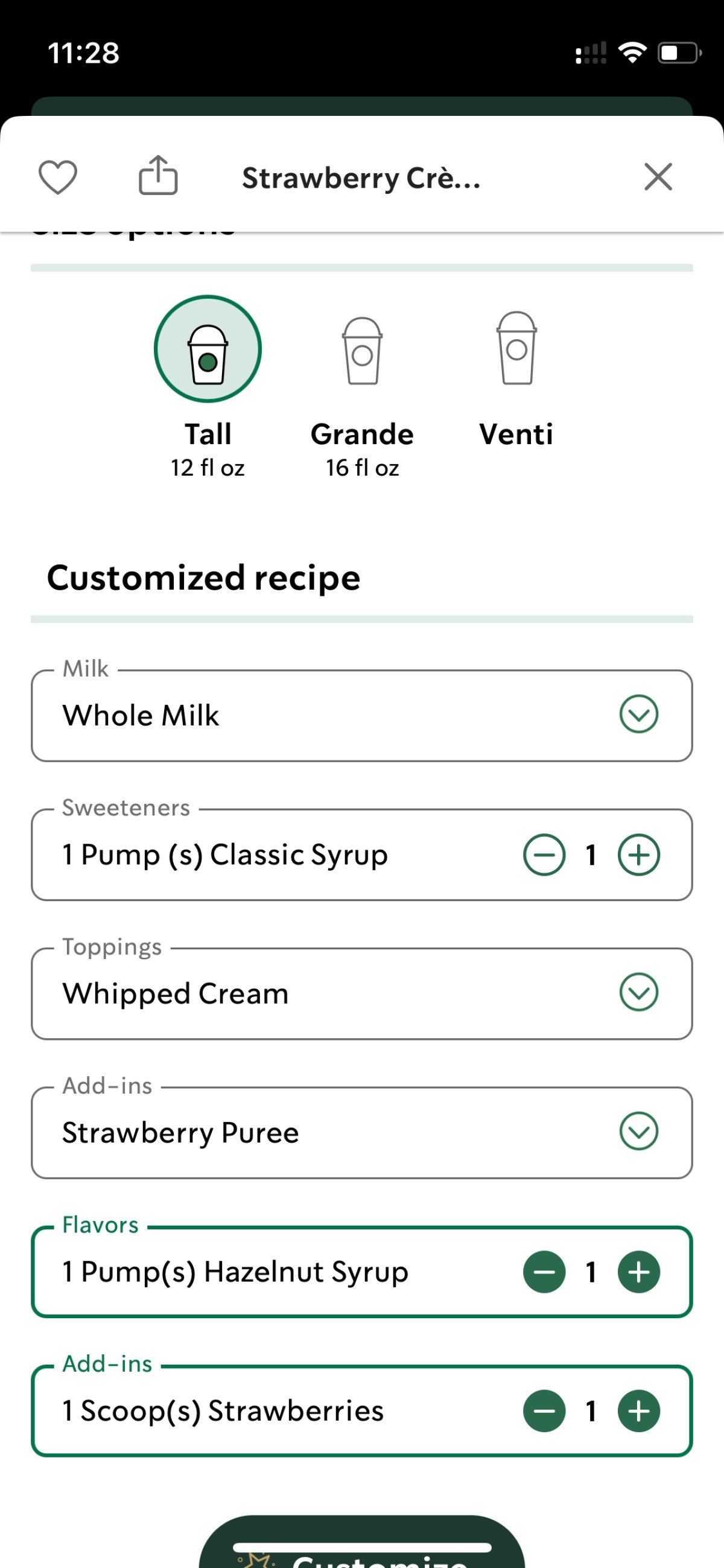 ordering strawberry cheesecake frappuccino in starbucks app