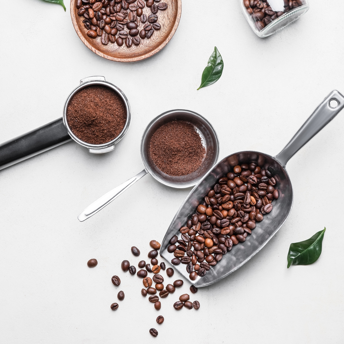 scoops of coffee and beans