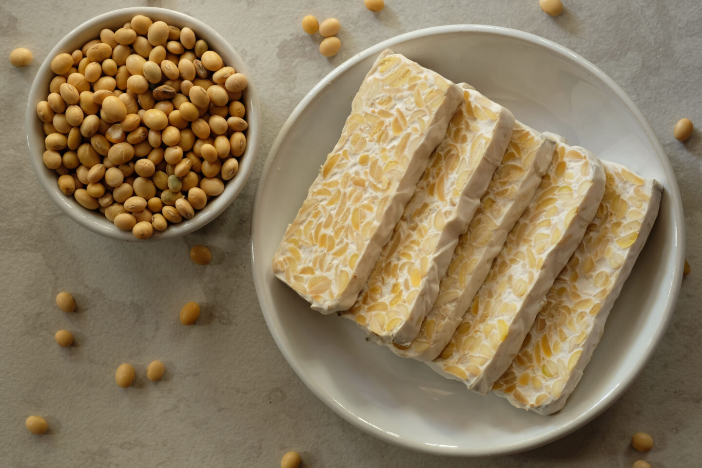 tempeh slices with raw soybeans in bowl