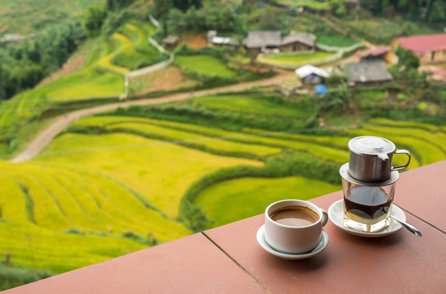 Drip,Black,Coffee,Vietnamese,Style,On,Balcony,With,Alpine,Background