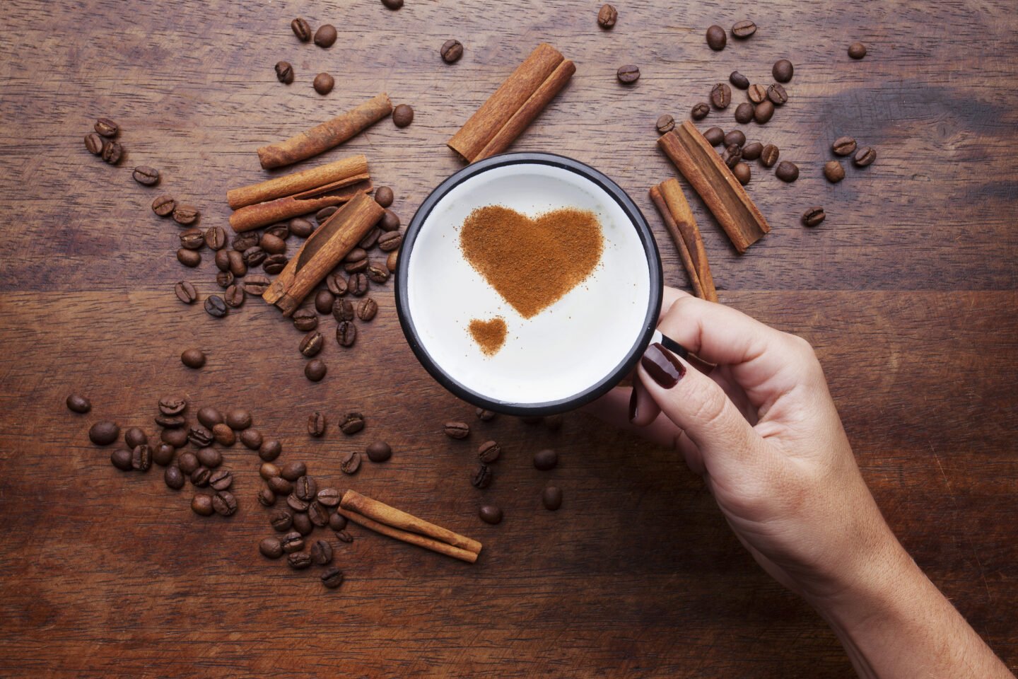 Hand,Holding,A,Rustic,White,Mug,With,Coffee,Cream.,Food