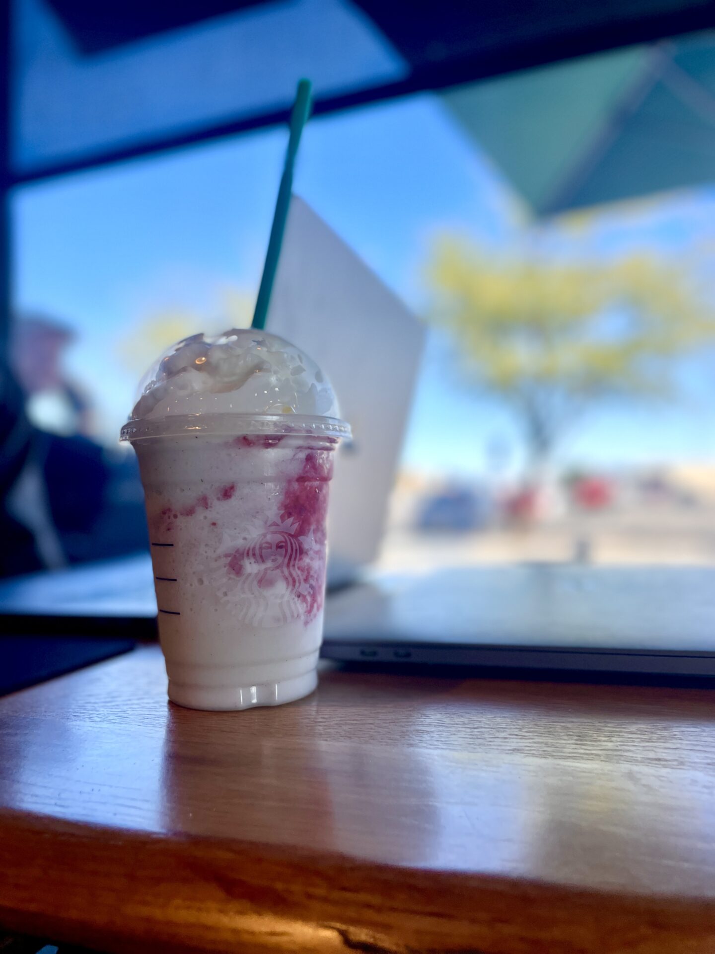 strawberry shortcake frappe on a wooden table
