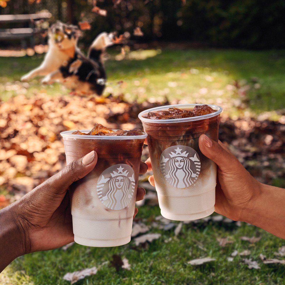 two iced macchiato drinks outdoors