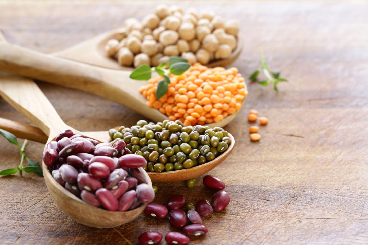 various legumes in wooden spoons