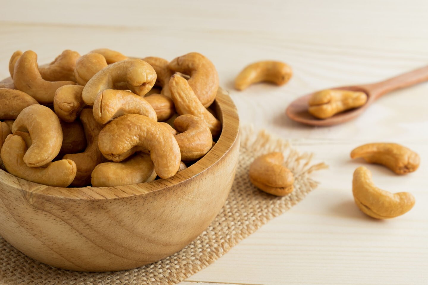 cashews in a wooden bowl