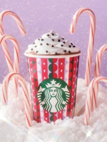 cup of starbucks peppermint mocha on white surface surrounded by candy canes
