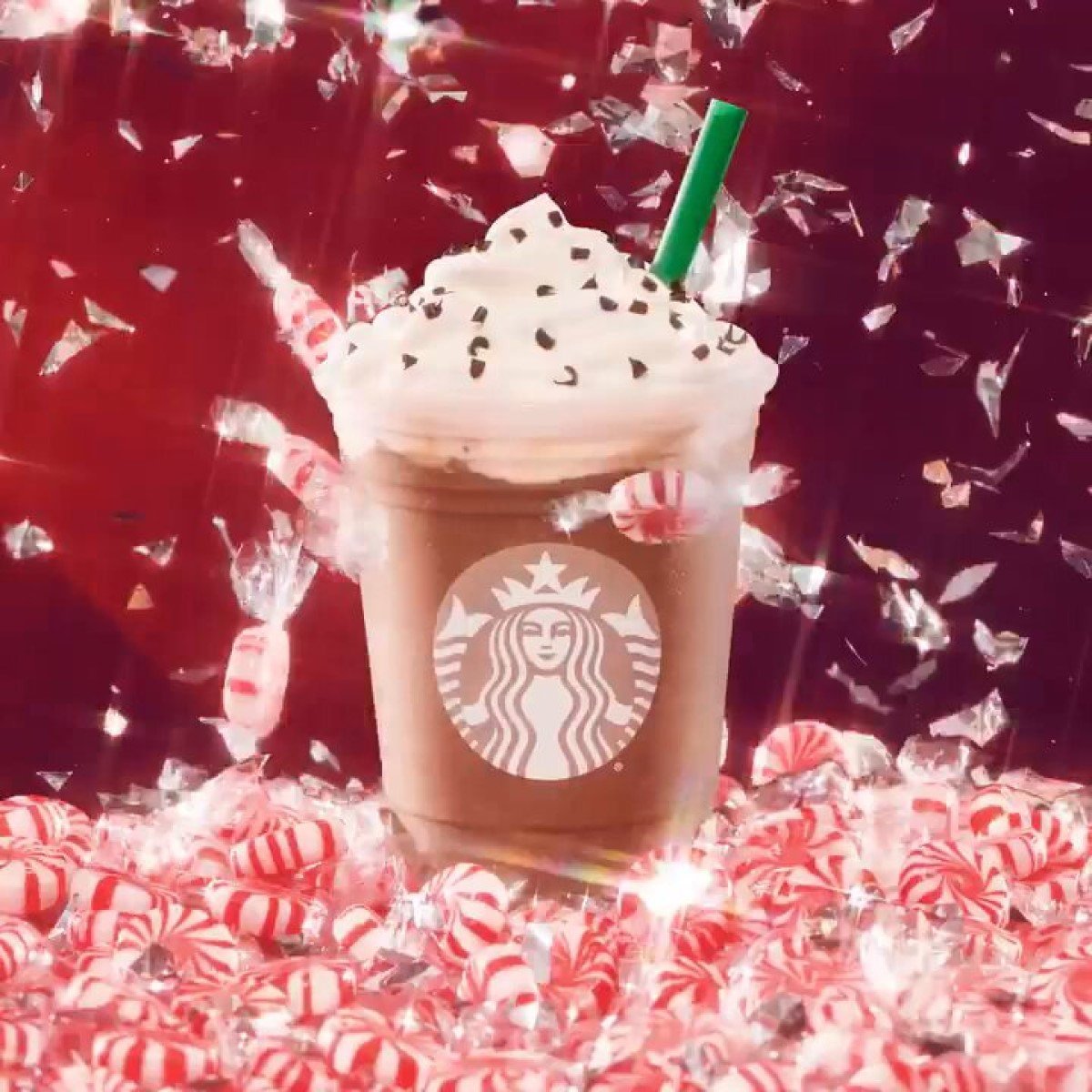 peppermint mocha creme frappuccino with confetti raining down in background