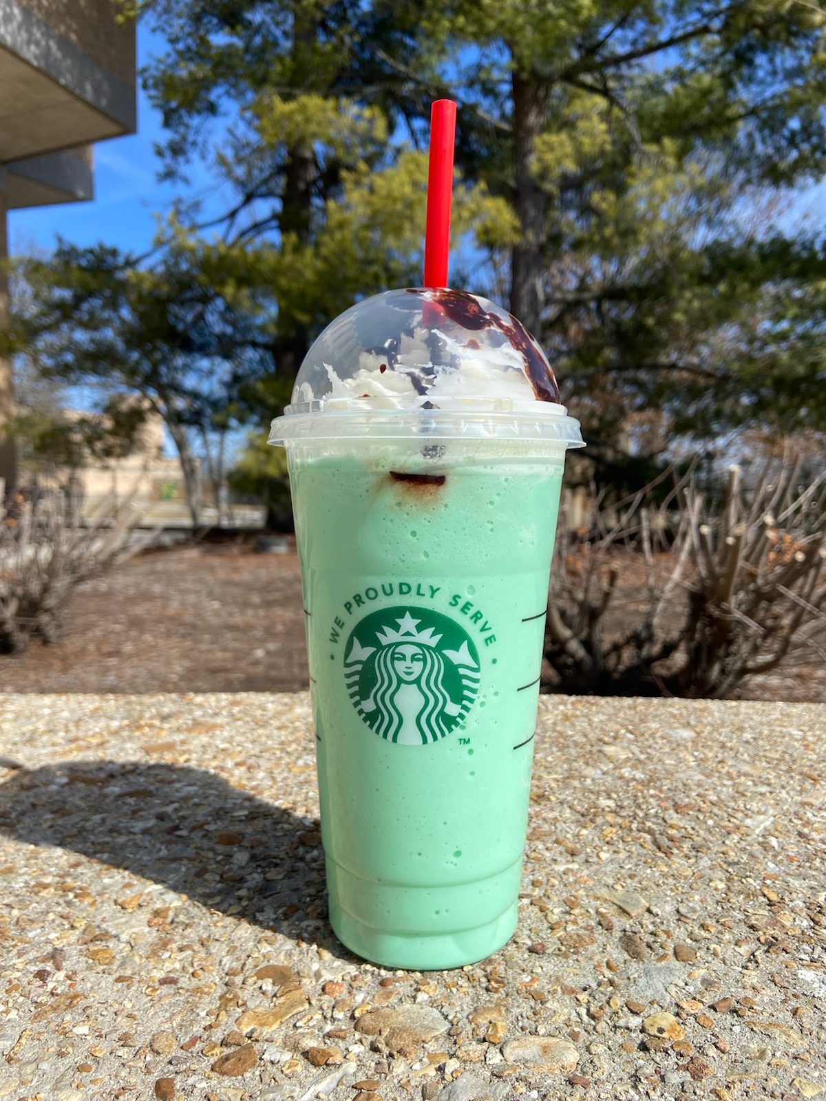 tall cup of starbucks peppermint pow frappuccino on stone surface