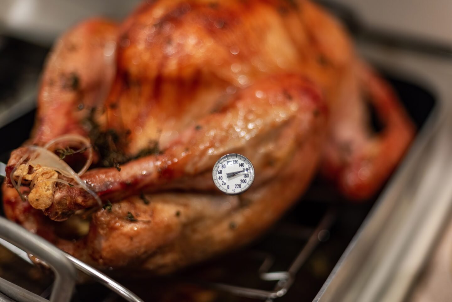 Using a meat thermometer to make sure the turkey is done.