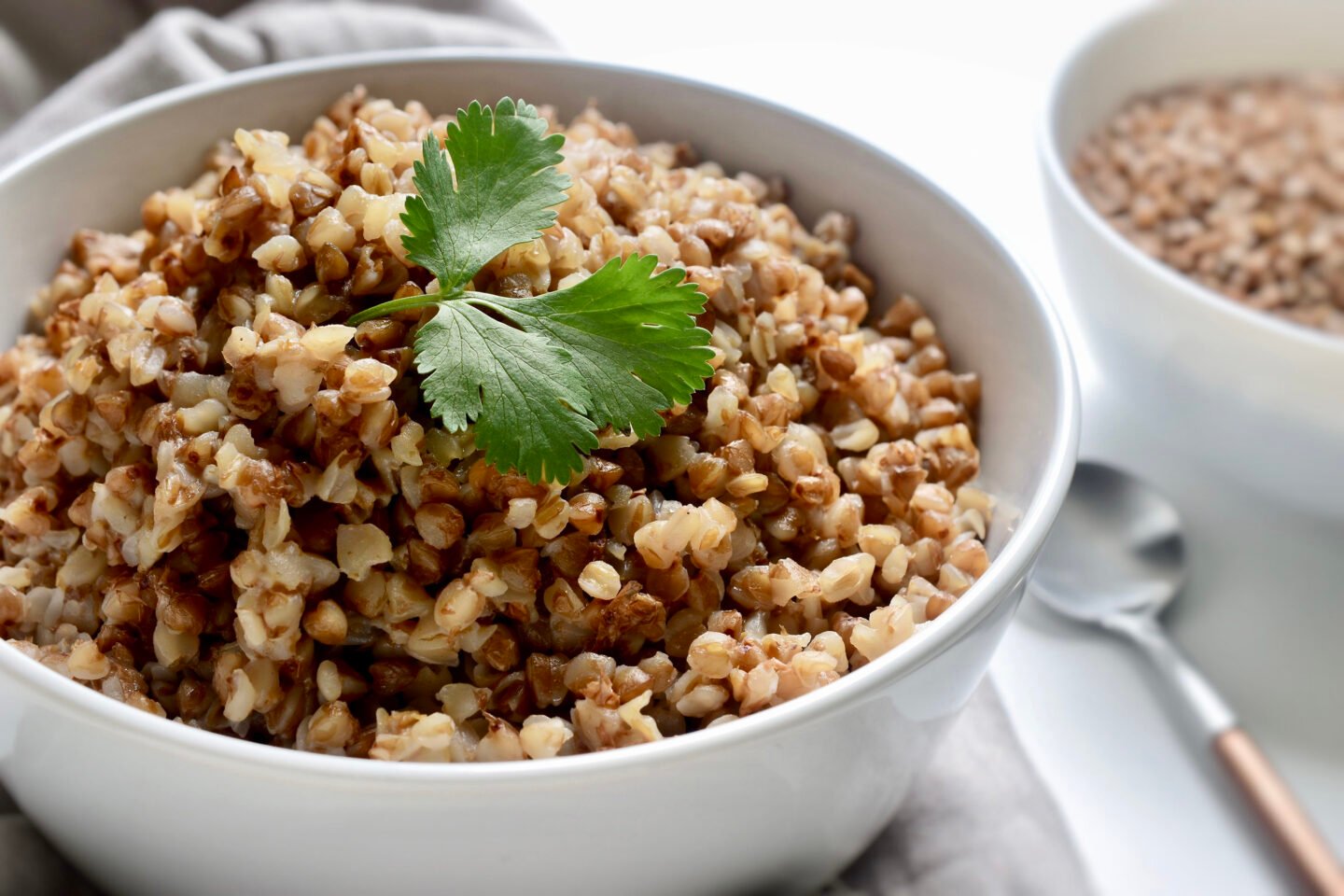 close up of cooked buckwheat in a bowl