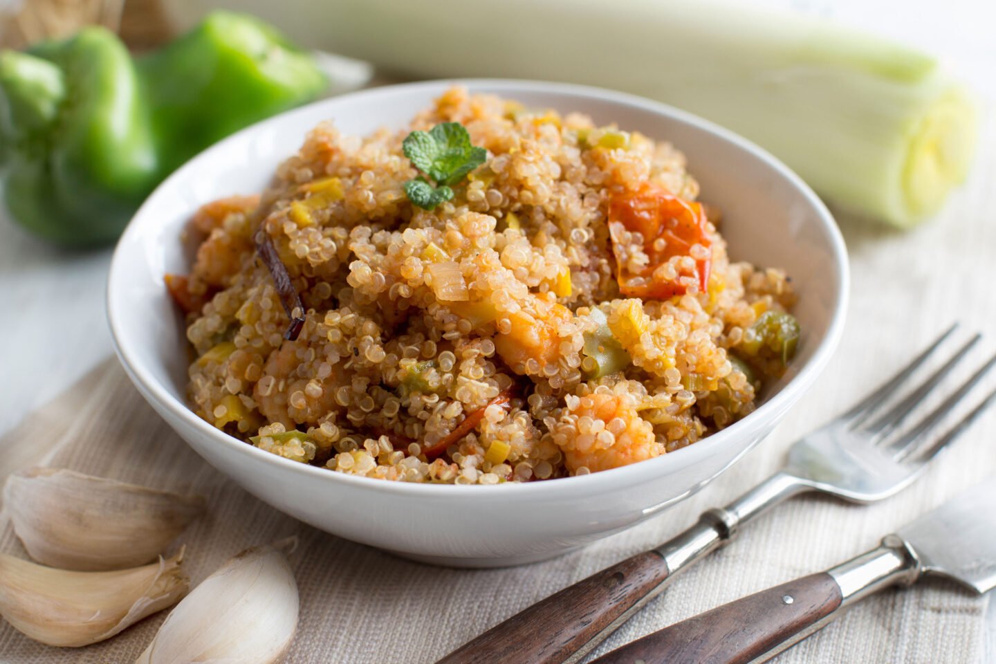 cooked quinoa with vegetables and shrimps
