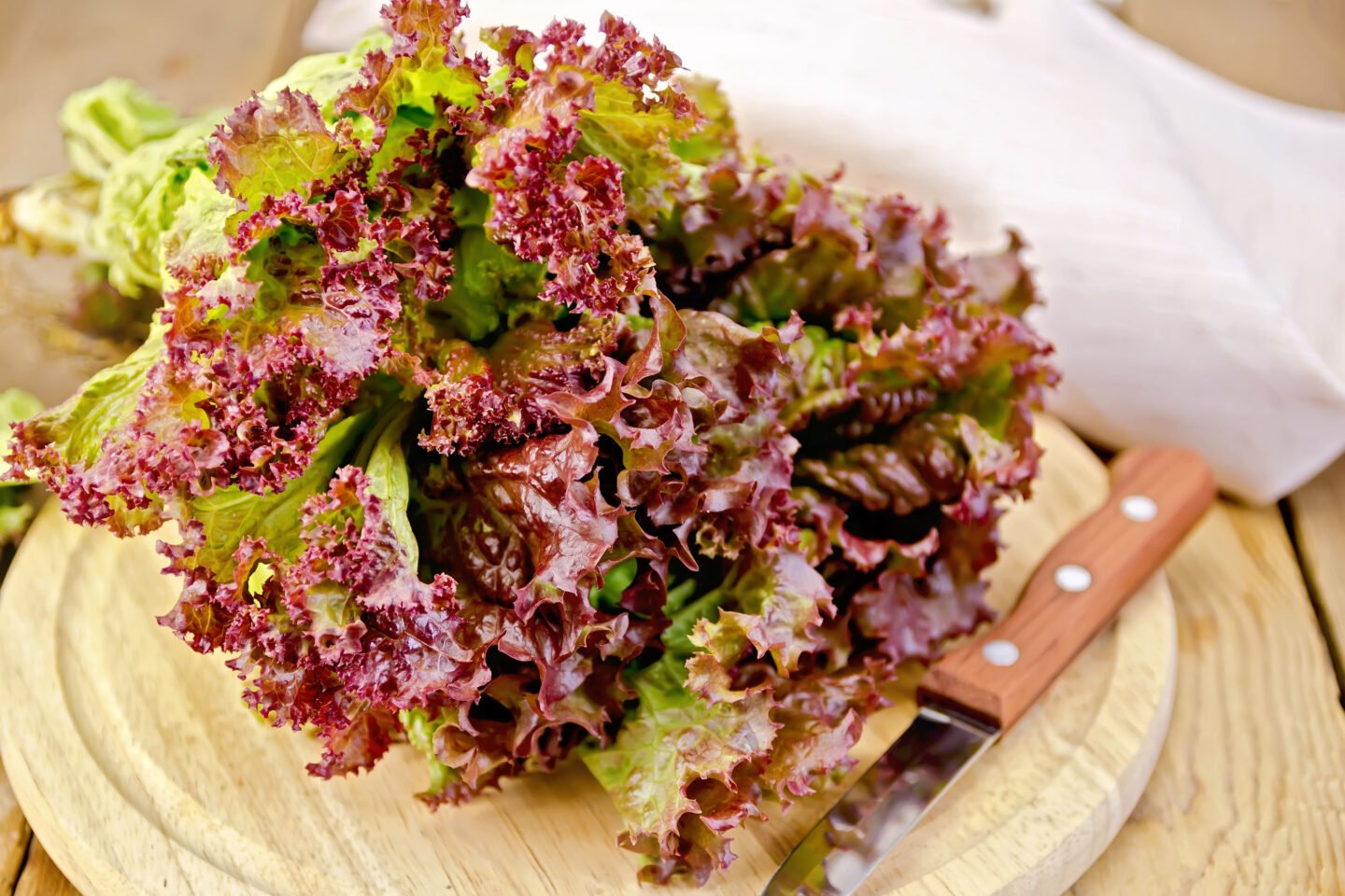 red lettuce with knife on wooden board