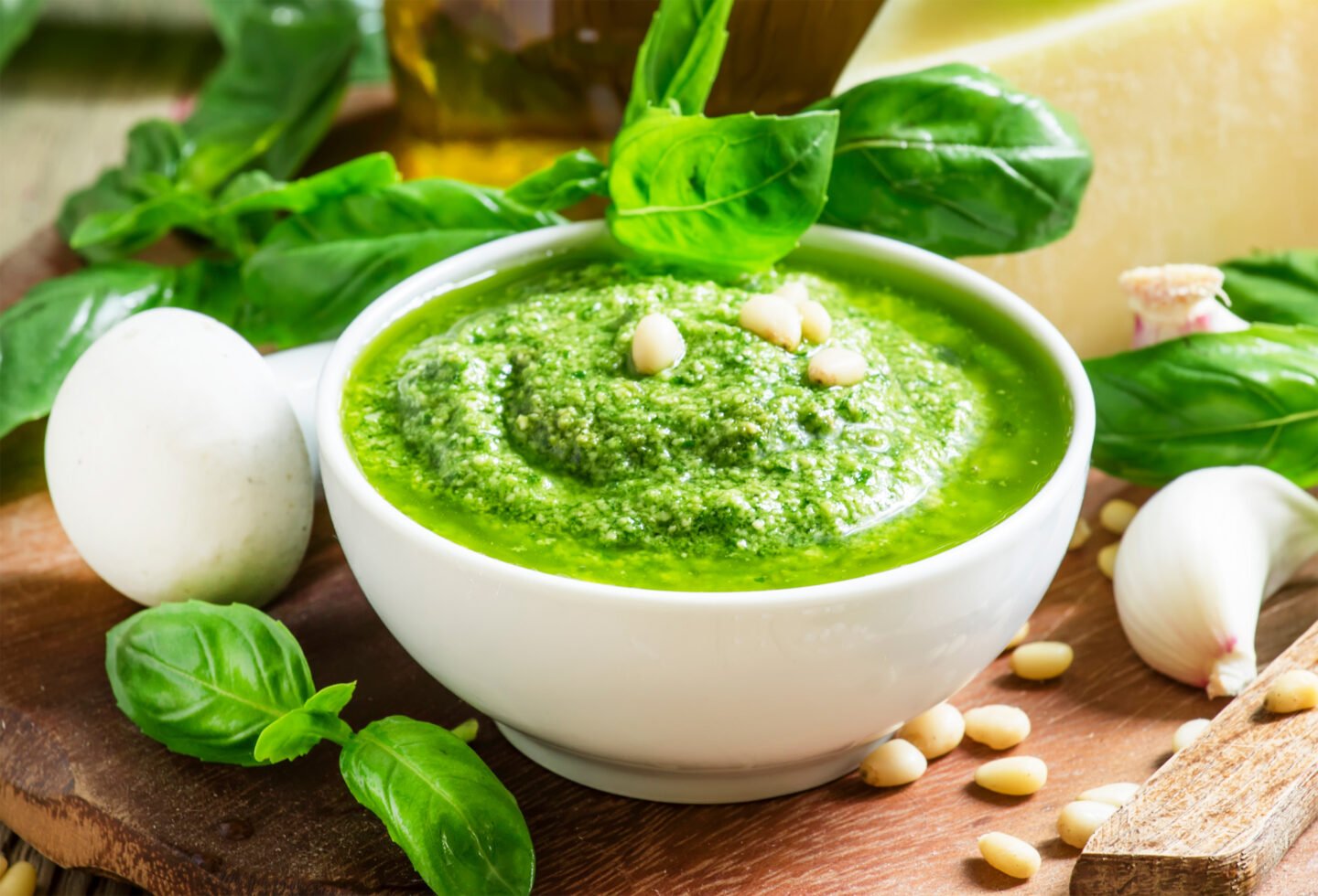 italian pesto sauce in a white porcelain bowl