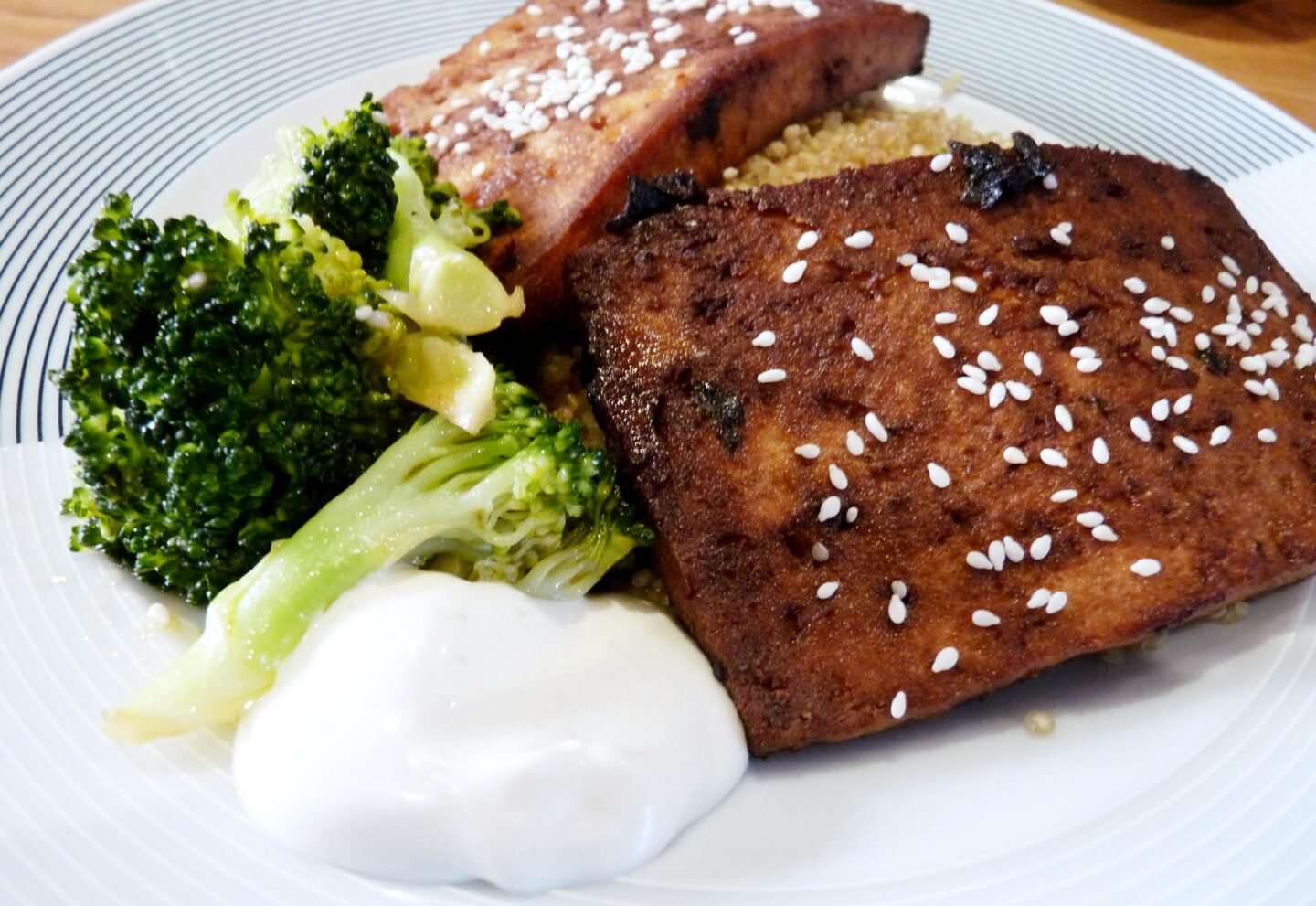 tofu steaks with wasabi aioli and sesame buttered broccoli