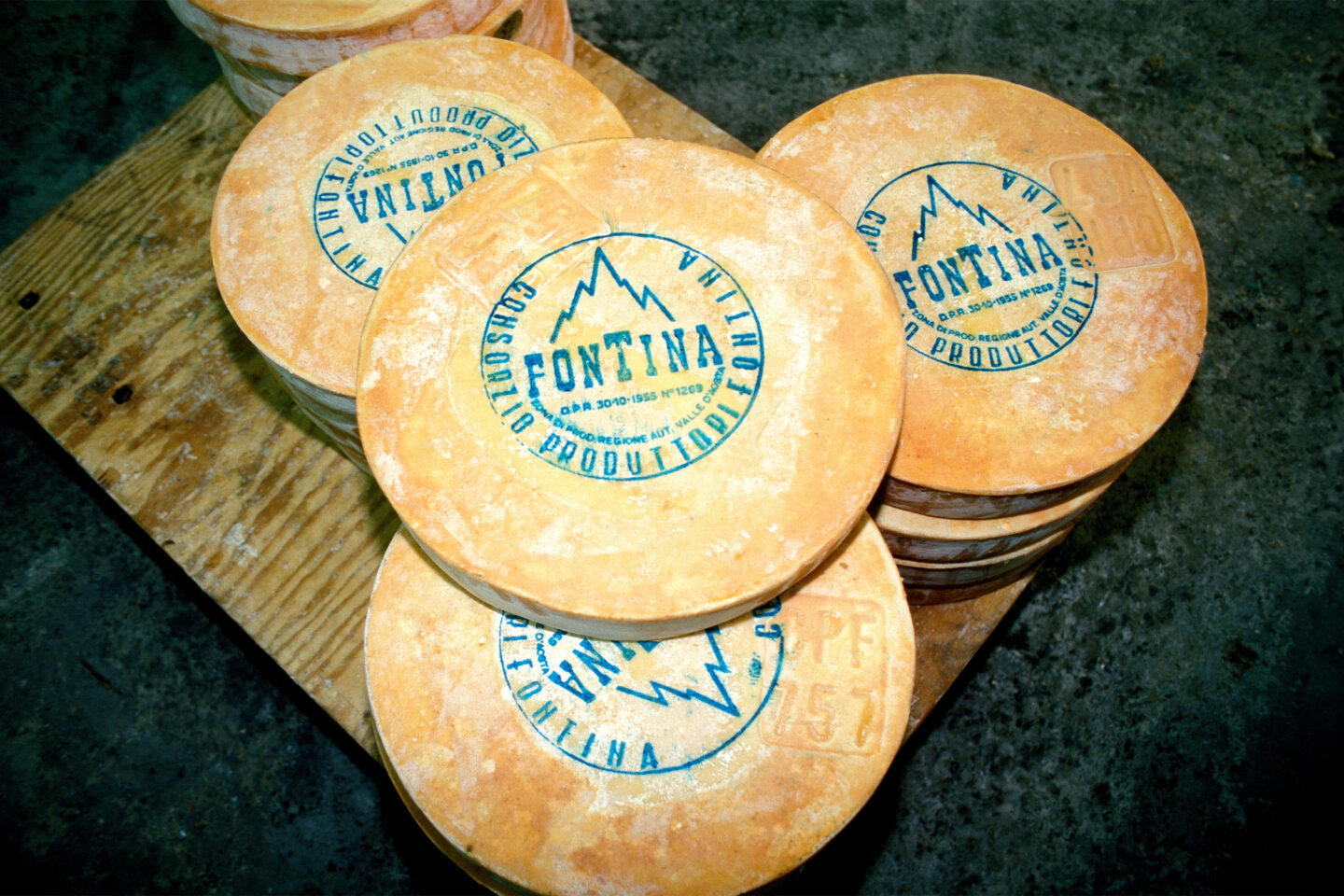 wheels of fontina cheese